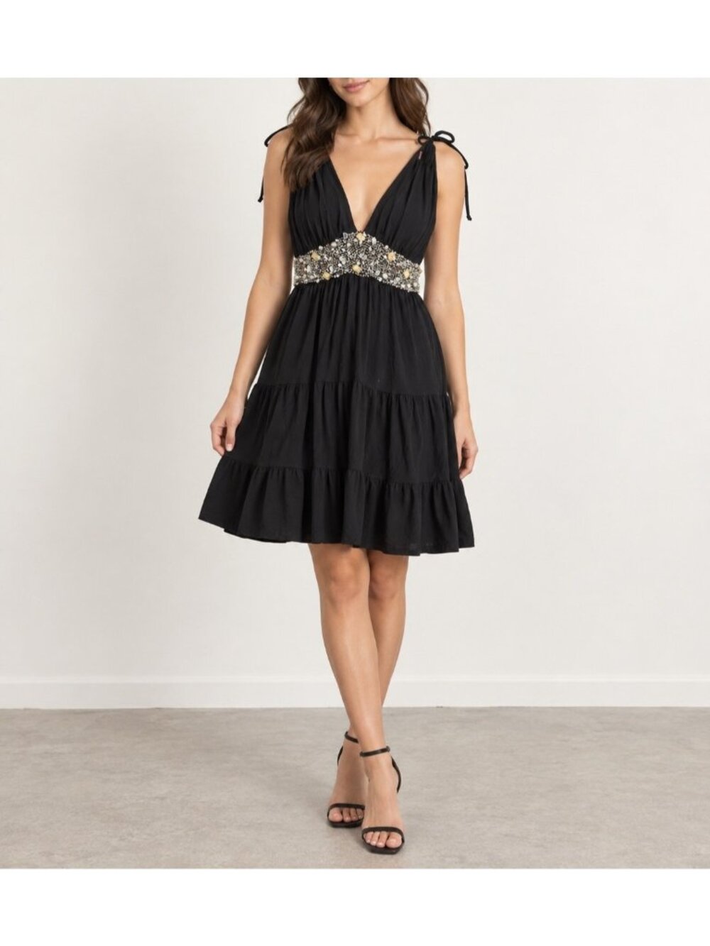 Black Embellished Empire Waist Dress Beaded Tiered Skirt with Tie Straps